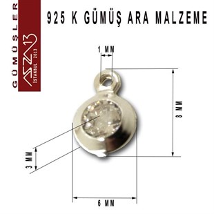 925 K Gümüş, Yuvarlak, Crystal Zirkon Taşlı, Tek Kulplu Ara Malzeme / Paket İçeriği 3 Adet