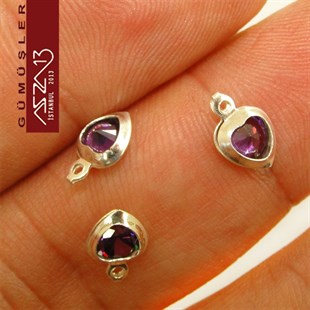 925 K Gümüş, Kalp, Amethyst Zirkon Taşlı, Tek Kulplu Ara Malzeme / Paket İçeriği 3 Adet