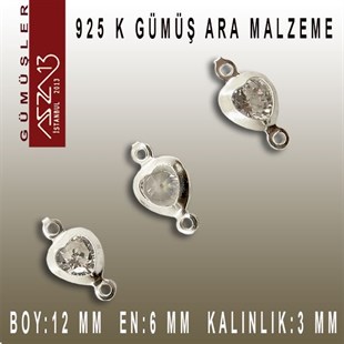 925 K Gümüş, Kalp, Crystal Zirkon Taşlı, Çift Kulplu Ara Malzeme / Paket İçeriği 3 Adet