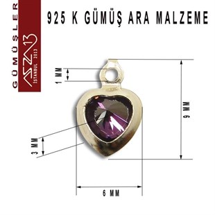 925 K Gümüş, Kalp, Amethyst Zirkon Taşlı, Tek Kulplu Ara Malzeme / Paket İçeriği 3 Adet
