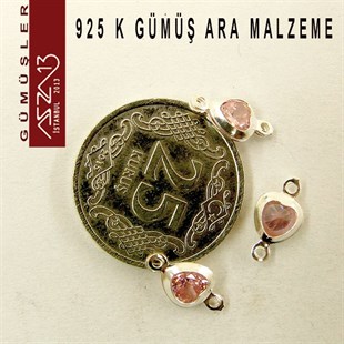 925 K Gümüş, Kalp, Rose Zirkon Taşlı, Çift Kulplu Ara Malzeme / Paket İçeriği 3 Adet