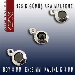 925 K Gümüş, Yuvarlak, Jet Zirkon Taşlı, Tek Kulplu Ara Malzeme / Paket İçeriği 3 Adet