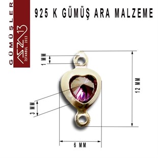 925 K Gümüş, Kalp, Amethyst Zirkon Taşlı, Çift Kulplu Ara Malzeme / Paket İçeriği 3 Adet