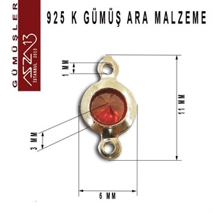 925 K Gümüş, Yuvarlak, Siam Zirkon Taşlı, Çift Kulplu Ara Malzeme / Paket İçeriği 3 Adet