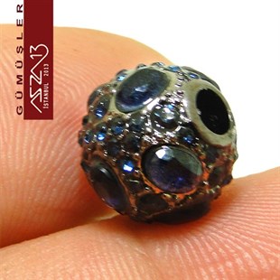 925 K Gümüş Safir Kristal Taşlı, Siyah Rodajlı, 12 mm Yuvarlak Boncuk / Paket İçeriği 1 Adet