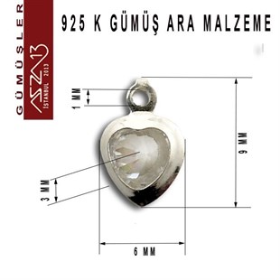925 K Gümüş, Kalp, Crystal Zirkon Taşlı, Tek Kulplu Ara Malzeme / Paket İçeriği 3 Adet