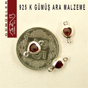 925 K Gümüş, Kalp, Siam Zirkon Taşlı, Çift Kulplu Ara Malzeme / Paket İçeriği 3 Adet