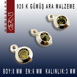 925 K Gümüş, Yuvarlak, Olive Zirkon Taşlı, Tek Kulplu Ara Malzeme / Paket İçeriği 3 Adet