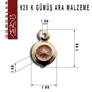 925 K Gümüş, Yuvarlak, Rose Zirkon Taşlı, Tek Kulplu Ara Malzeme / Paket İçeriği 3 Adet