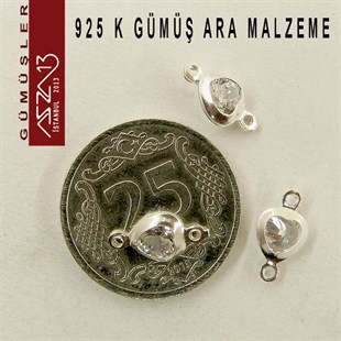 925 K Gümüş, Kalp, Crystal Zirkon Taşlı, Çift Kulplu Ara Malzeme / Paket İçeriği 3 Adet
