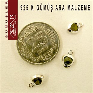 925 K Gümüş, Kalp, Olive Zirkon Taşlı, Tek Kulplu Ara Malzeme / Paket İçeriği 3 Adet