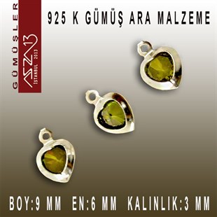 925 K Gümüş, Kalp, Olive Zirkon Taşlı, Tek Kulplu Ara Malzeme / Paket İçeriği 3 Adet