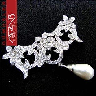 925 K Gümüş Damla İnci Sallantılı, Zirkon Taşlı Dikdörtgen Fligran / Paket İçeriği 1 Adet