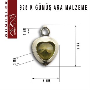 925 K Gümüş, Kalp, Olive Zirkon Taşlı, Tek Kulplu Ara Malzeme / Paket İçeriği 3 Adet