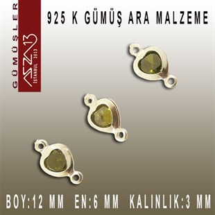 925 K Gümüş, Kalp, Olive Zirkon Taşlı, Çift Kulplu Ara Malzeme / Paket İçeriği 3 Adet