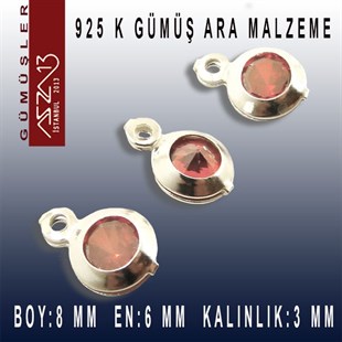 925 K Gümüş, Yuvarlak, Siam Zirkon Taşlı, Tek Kulplu Ara Malzeme / Paket İçeriği 3 Adet
