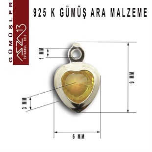 925 K Gümüş, Kalp, Topaz Zirkon Taşlı, Tek Kulplu Ara Malzeme / Paket İçeriği 3 Adet