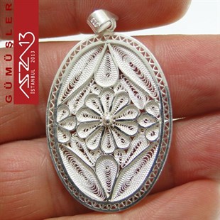 3,8x2,8 cm Tek Çiçek Motifli Oval, 925 Gümüş Telkari Kolye Ucu Fligran (7,80 gr)
