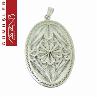 3,2x2,3 cm Tek Çiçek Motifli Oval, 925 Gümüş Telkari Kolye Ucu Fligran (5,60 gr)
