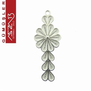 3,5x1,5 cm Tek Çiçek ve Dizi Kalp Motifli, 925 Gümüş Telkari Kolye - Küpe Ucu Fligran (2,85 gr)