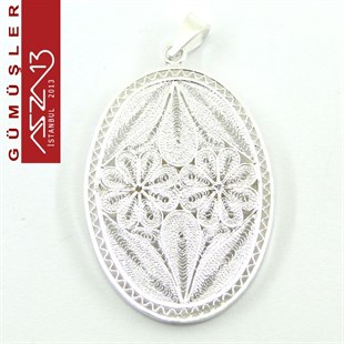 3,2x2,3 cm Yatay İki Çiçek Motifli Oval, 925 Gümüş Telkari Kolye Ucu Fligran (5,55 gr)