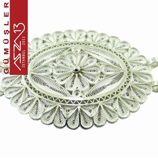 3x4 cm Oval Şeklinde, Dört Kulplu, Göbekli Motif,  925 Gümüş Telkari Kolye Ucu Fligran (11,85 gr)