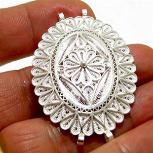 3x4 cm Oval Şeklinde, Dört Kulplu, Göbekli Motif,  925 Gümüş Telkari Kolye Ucu Fligran (11,85 gr)