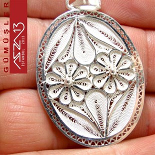 3,2x2,3 cm Yatay İki Çiçek Motifli Oval, 925 Gümüş Telkari Kolye Ucu Fligran (5,55 gr)