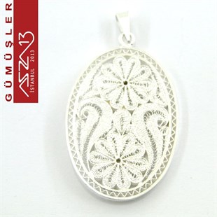 3,8x2,8 cm Dikey İki Çiçek Motifli Oval, 925 Gümüş Telkari Kolye Ucu Fligran (8,05 gr)