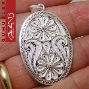3,8x2,8 cm Dikey İki Çiçek Motifli Oval, 925 Gümüş Telkari Kolye Ucu Fligran (8,05 gr)