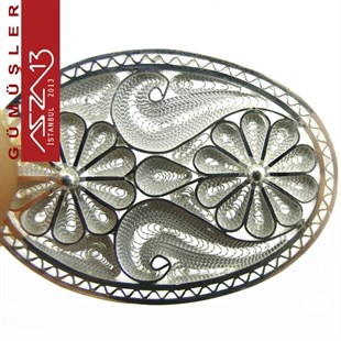 3,8x2,8 cm Dikey İki Çiçek Motifli Oval, 925 Gümüş Telkari Kolye Ucu Fligran (8,05 gr)