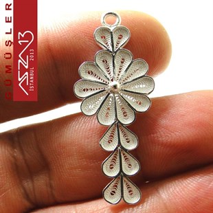 3,5x1,5 cm Tek Çiçek ve Dizi Kalp Motifli, 925 Gümüş Telkari Kolye - Küpe Ucu Fligran (2,85 gr)