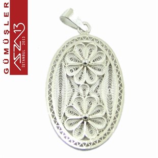 3,2x2,3 cm Dikey İki Çiçek Motifli Oval, 925 Gümüş Telkari Kolye Ucu Fligran (5,65 gr)