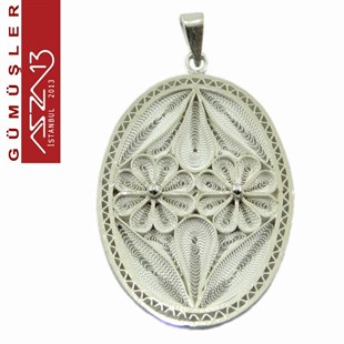 3,2x2,3 cm Yatay İki Çiçek Motifli Oval, 925 Gümüş Telkari Kolye Ucu Fligran (5,55 gr)