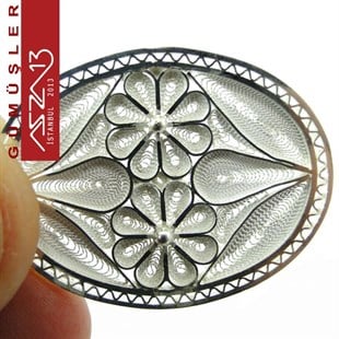 3,2x2,3 cm Yatay İki Çiçek Motifli Oval, 925 Gümüş Telkari Kolye Ucu Fligran (5,55 gr)