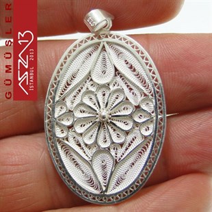 3,2x2,3 cm Tek Çiçek Motifli Oval, 925 Gümüş Telkari Kolye Ucu Fligran (5,60 gr)