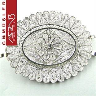 3x4 cm Oval Şeklinde, Dört Kulplu, Göbekli Motif,  925 Gümüş Telkari Kolye Ucu Fligran (11,85 gr)