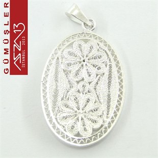 3,2x2,3 cm Dikey İki Çiçek Motifli Oval, 925 Gümüş Telkari Kolye Ucu Fligran (5,65 gr)