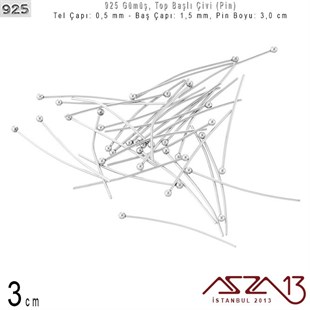 925 K Gümüş 3 cm Topbaş Çivi (Pin) / 20 Adet