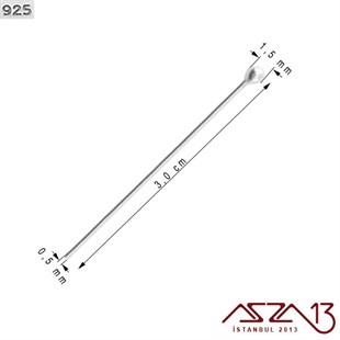 925 K Gümüş 3 cm Topbaş Çivi (Pin) / 20 Adet