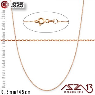 925 K Gümüş - 0,8 mm - Rose Gold Kaplama - Uzun Baklalı Halat (Cable) Zincir / 45 cm