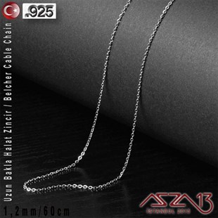 925 K Gümüş - 1,2 mm - Uzun Baklalı Halat (Cable) Zincir / 60 cm