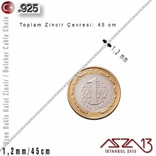 925 K Gümüş - 1,2 mm - Uzun Baklalı Halat (Cable) Zincir / 45 cm