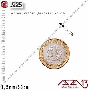 925 K Gümüş - 1,2 mm - Uzun Baklalı Halat (Cable) Zincir / 50 cm