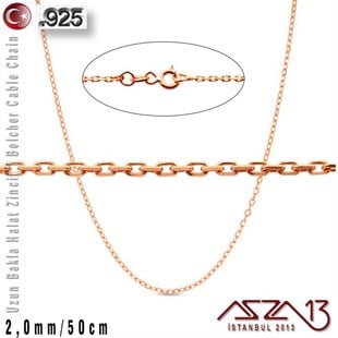 925 K Gümüş - 2,0 mm - Rose Gold Kaplama - Uzun Baklalı Halat (Cable) Zincir / 50 cm