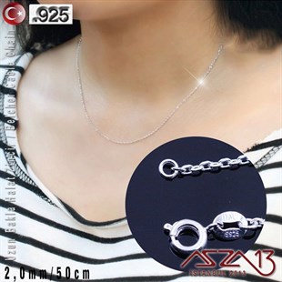 925 K Gümüş - 2,0 mm - Uzun Baklalı Halat (Cable) Zincir / 50 cm