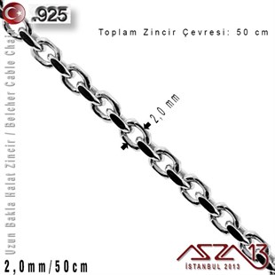 925 K Gümüş - 2,0 mm - Uzun Baklalı Halat (Cable) Zincir / 50 cm