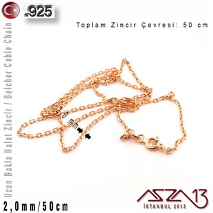 925 K Gümüş - 2,0 mm - Rose Gold Kaplama - Uzun Baklalı Halat (Cable) Zincir / 50 cm
