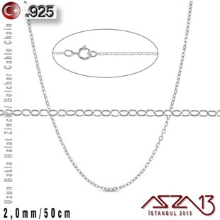 925 K Gümüş - 2,0 mm - Uzun Baklalı Halat (Cable) Zincir / 50 cm