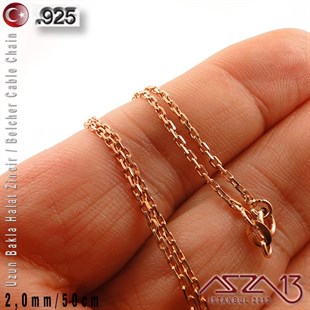 925 K Gümüş - 2,0 mm - Rose Gold Kaplama - Uzun Baklalı Halat (Cable) Zincir / 50 cm
